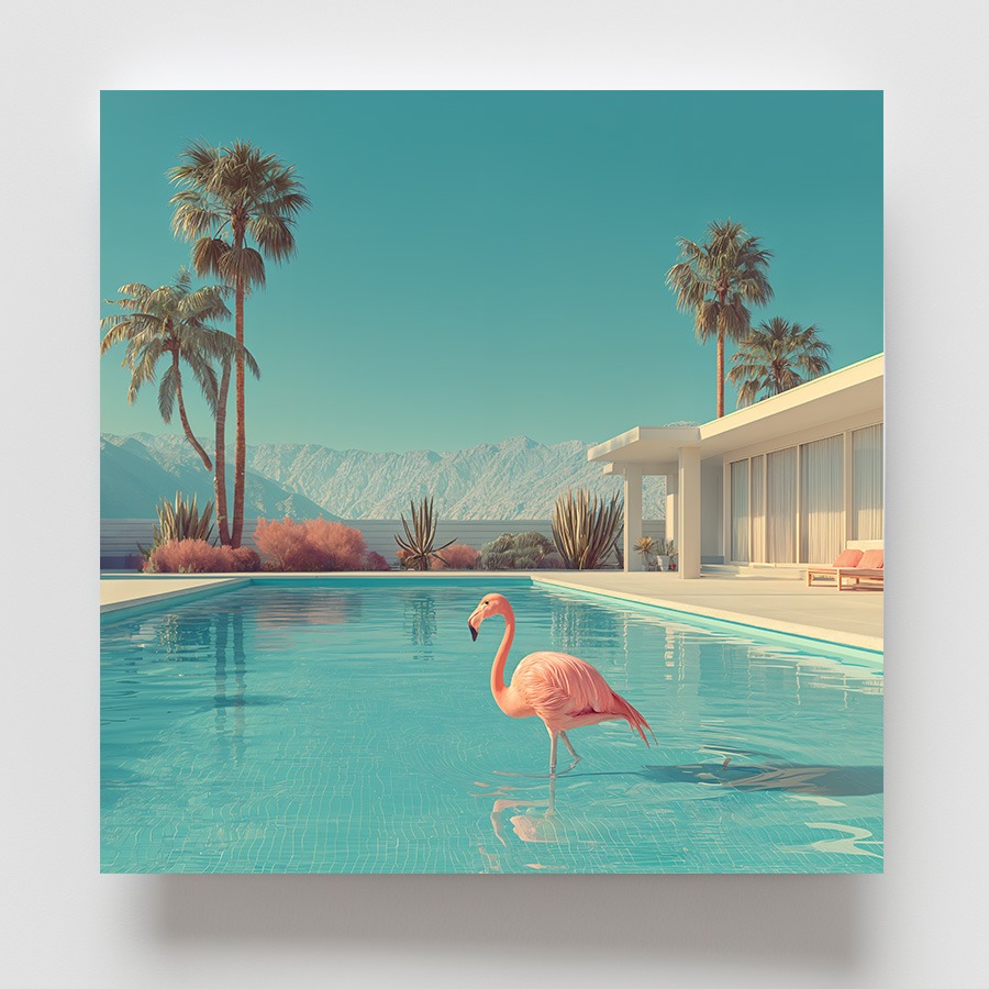 Flamingo kunstprint bij modern zwembad – tropische rust in pastel - Afbeelding 6