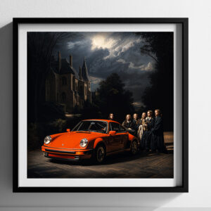Klassieke Porsche kunstprint bij maanlicht met historische achtergrond