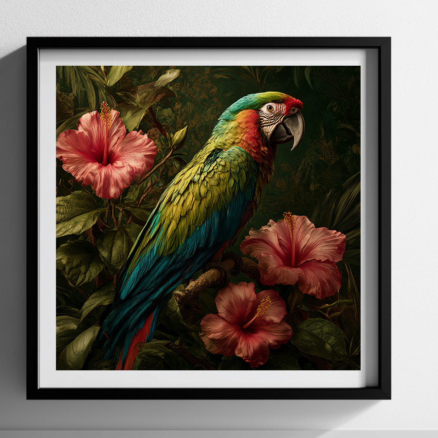 Papegaai kunstprint met rode hibiscus bloemen in tropisch groen decor