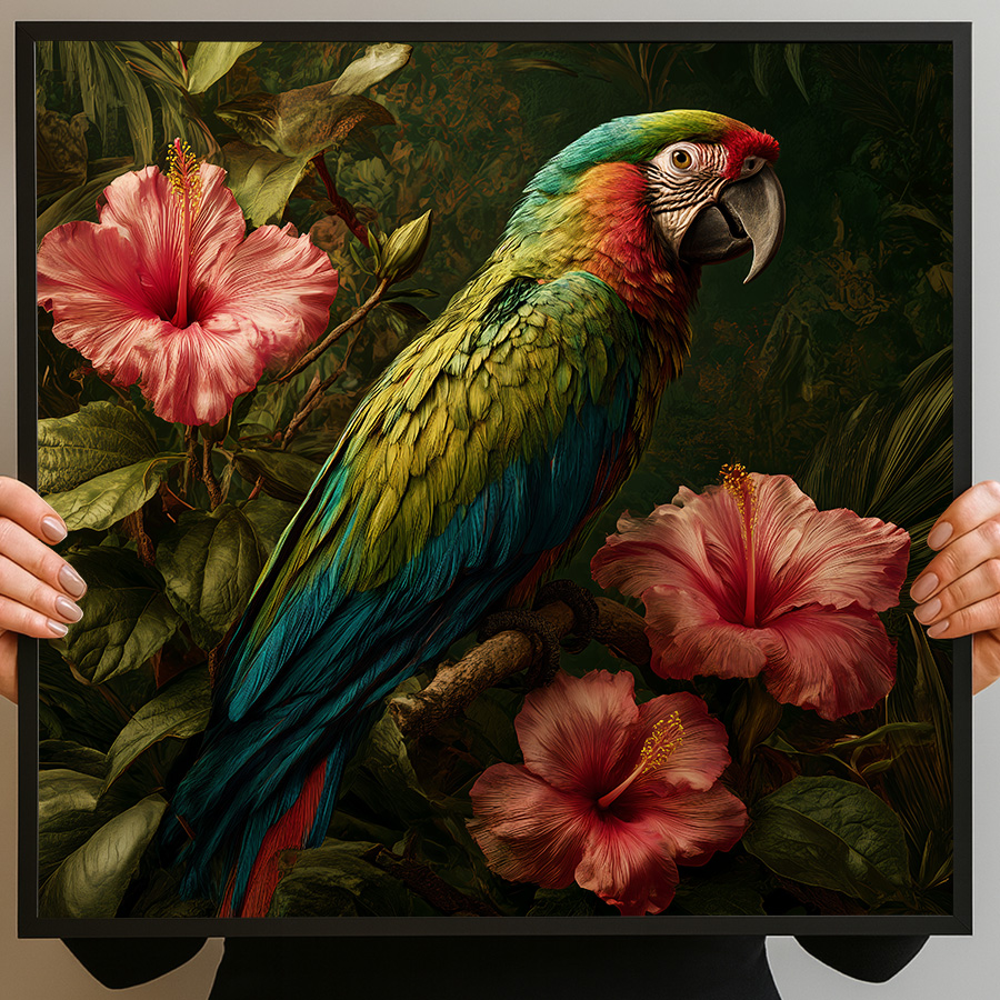 Papegaai kunstprint met hibiscus bloemen – tropische elegantie - Afbeelding 8