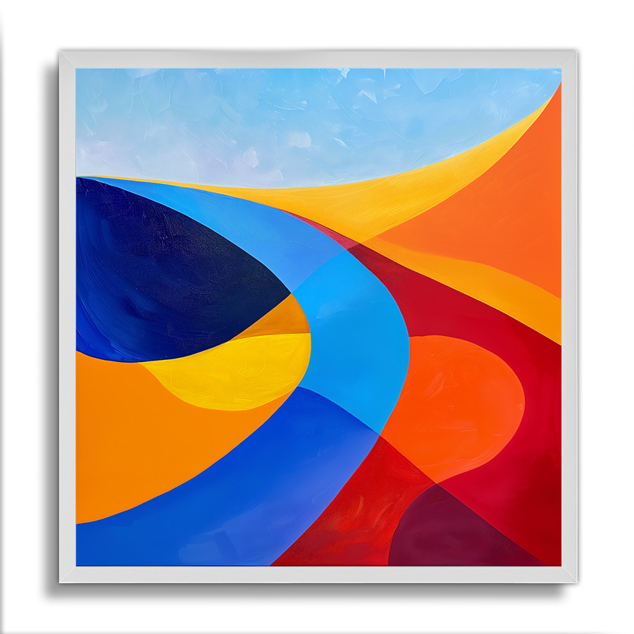 Abstracte kunstprint – vloeiende vormen in oranje, blauw en rood - Afbeelding 3