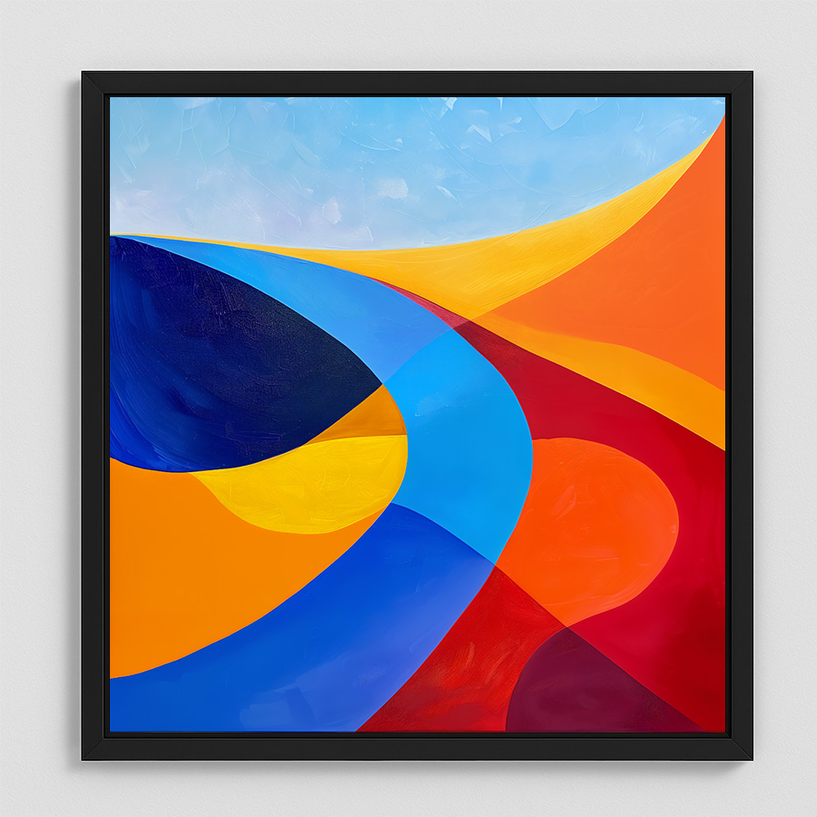 Abstracte kunstprint – vloeiende vormen in oranje, blauw en rood - Afbeelding 4