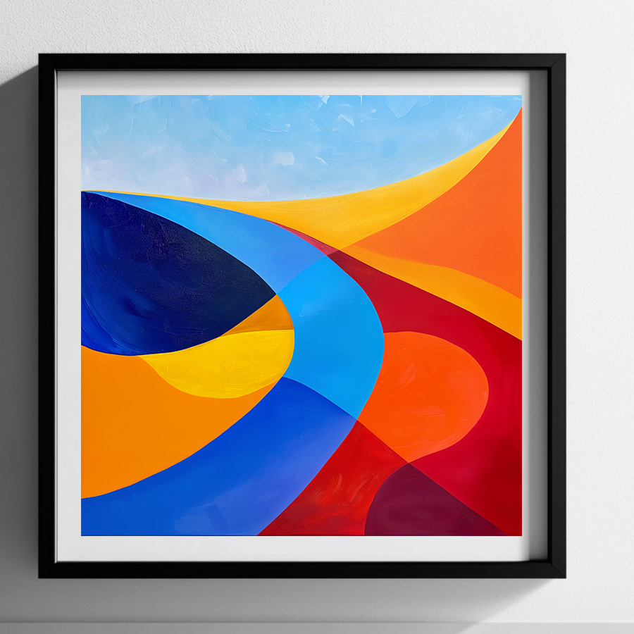 Abstracte kunstprint met vloeiende vormen in oranje, blauw en rood