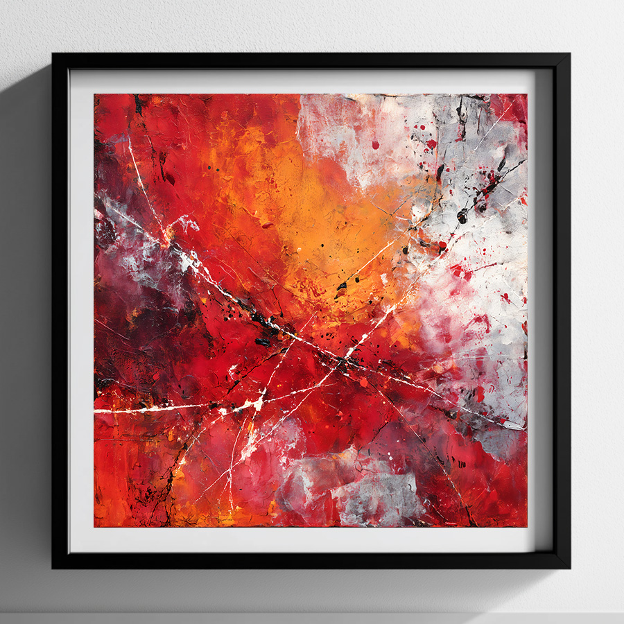 Abstracte rode kunstprint met oranje, witte en zwarte accenten