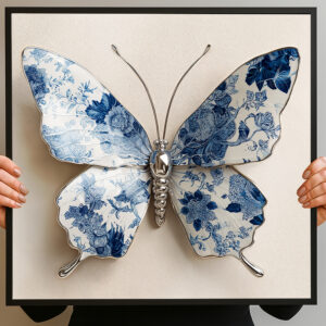 Delftsblauwe porseleinen vlinder op lichte achtergrond